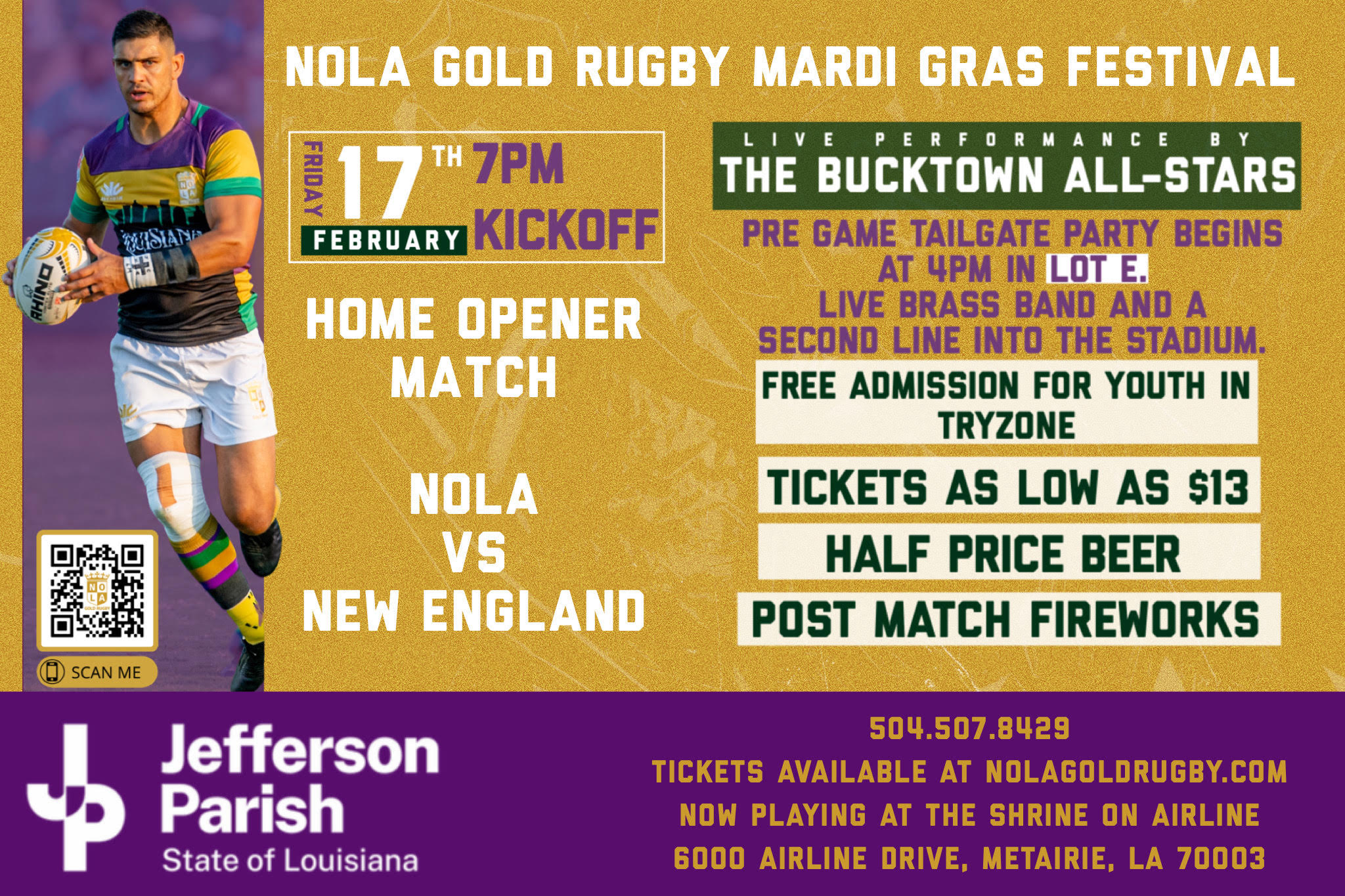 NOLA GOLD RUGBY, IN PARTNERSHIP WITH JEFFERSON PARISH,  WILL HOST MARDI GRAS FESTIVAL TO KICK-OFF 2023 RUBGY SEASON